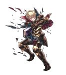  1boy armor armored_boots blonde_hair book boots capelet fire_emblem fire_emblem_heroes fire_emblem_if gloves highres hino_shinnosuke leon_(fire_emblem_if) male_focus official_art one_eye_closed red_eyes solo teeth torn_clothes transparent_background 