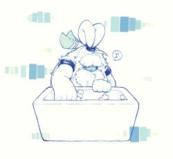  1boy angoramon bathtub blue_theme body_fur cleaning commentary_request digimon digimon_(creature) digimon_ghost_game furry furry_male highres holding holding_sponge male_focus monochrome rabbit_boy runapiero simple_background soap soap_bubbles solo sponge yellow_background 
