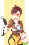  1girl :q artist_name bodysuit bomber_jacket breasts brown_eyes brown_hair brown_jacket collarbone cowboy_shot ear_piercing gloves goggles harness jacket leather leather_jacket licking_lips looking_to_the_side misononeko orange_bodysuit overwatch pachimari pants piercing signature small_breasts smile solo spiky_hair striped stuffed_animal stuffed_octopus stuffed_toy tight tight_pants tongue tongue_out tracer_(overwatch) v vertical-striped_background vertical_stripes white_background yellow_background 
