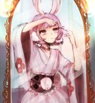  1girl animal_ears gekokujou_hana japanese_clothes kimono mahou_shoujo_ikusei_keikaku mahou_shoujo_ikusei_keikaku_limited makeup mascara mirror momxiji purple_hair rabbit_ears reflection short_hair solo 