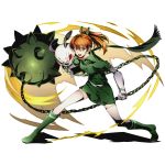  1girl akame_ga_kill! boots brown_eyes chains divine_gate dog full_body green_boots green_scarf green_shirt green_skirt hair_between_eyes hair_ornament hekatonkheires high_ponytail holding holding_weapon kneeboots long_hair official_art open_mouth orange_hair pleated_skirt red_eyes scarf seryu_ubiquitous shirt skirt solo thigh-highs transparent_background ucmm weapon white_legwear 