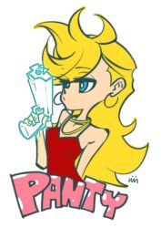  1girl blonde_hair blue_eyes dress earrings gold_necklace gun handgun highres holding holding_gun holding_weapon hoop_earrings jewelry necklace panty_&amp;_stocking_with_garterbelt panty_(psg) red_dress weapon weckinmach 