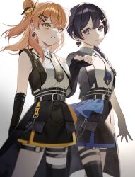  2girls absurdres black_hair black_jacket black_skirt black_thighhighs blue_eyes braid collared_shirt commentary cowboy_shot dkou double_bun fingerless_gloves gloves green_eyes hair_bun hair_ornament hashtag-only_commentary highres hinoshita_kaho i_do_me!_(love_live!) jacket light_particles link!_like!_love_live! long_hair love_live! miniskirt multiple_girls multiple_thigh_straps murano_sayaka official_alternate_costume open_clothes open_jacket orange_hair parted_lips pleated_skirt shirt simple_background single_braid single_thighhigh skirt sleeveless sleeveless_jacket sleeveless_shirt thigh-highs virtual_youtuber white_background white_shirt x_hair_ornament 