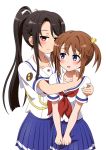  2girls badge black_hair blue_eyes blue_skirt brown_hair cowboy_shot high_school_fleet highres hiraizumi_(mugenkidousha) hug hug_from_behind long_hair misaki_akeno multiple_girls munetani_mashiro neckerchief pleated_skirt ponytail red_eyes red_neckerchief rope school_uniform serafuku short_hair skirt twintails 