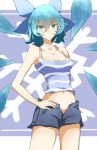  1girl aqua_hair blue_eyes bow breasts cirno cleavage collarbone cowboy_shot crop_top crystal hair_bow hand_on_hip midriff navel open_fly short_hair short_shorts shorts solo sweat tank_top touhou uchisukui wings 