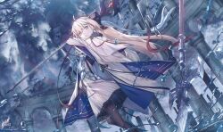  1girl absurdres aesc_(fate) aesc_(savior)_(fate) ahoge armor armored_dress black_gloves blonde_hair blue_eyes blue_hair bow breastplate breasts brown_pantyhose cloak dress fate/grand_order fate_(series) fur-trimmed_cloak fur_trim gloves hair_bow highres long_hair long_sleeves looking_at_viewer medium_breasts multicolored_hair pantyhose ponytail reluvy solo staff thighs two-tone_hair very_long_hair white_cloak white_dress wide_sleeves 