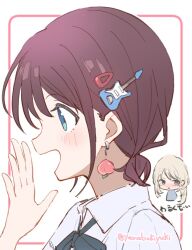  2girls annotated border brown_hair commentary earrings girls_band_cry grey_eyes grey_hair hair_ornament hairclip hand_up inset_border instrument_hair_ornament iseri_nina jewelry kawaragi_momoka long_hair low_twintails multiple_girls portrait red_border shirt short_hair short_twintails translated twintails white_shirt yamabukiyuki 