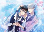  2boys adjusting_glasses artist_name black_hair blue-framed_eyewear blue_eyes bow bowtie brown_eyes dorris flower glasses hand_holding happy_valentine interlocked_fingers jewelry katsuki_yuuri lying male_focus multiple_boys on_back partially_submerged petals pink_rose ring rose silver_hair smile valentine viktor_nikiforov water yaoi yuri!!!_on_ice 