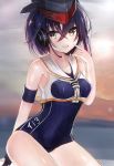  1girl asymmetrical_hair bare_shoulders black_hair brown_eyes gloves hair_between_eyes headphones highres i-13_(kantai_collection) kantai_collection looking_at_viewer open_mouth partly_fingerless_gloves ria_(riarea00) sailor_collar school_swimsuit short_hair single_glove solo swimsuit 