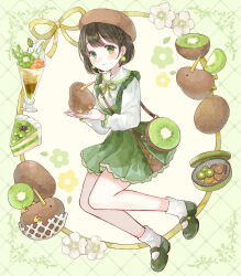  1girl animal argyle_background bag beret bird black_hair blueberry blush braid brown_hat buttons cake cake_slice center-flap_bangs collared_shirt commentary_request cookie dot_nose dress dress_shirt earrings flower flower_symbol food food-themed_earrings frilled_dress frilled_shirt_collar frills fruit full_body green_background green_bag green_dress green_eyes green_ribbon green_shoes hair_ornament handbag hat highres holding holding_animal holding_bird jewelry kiwi_(bird) kiwi_(fruit) kiwi_earrings kiwi_slice knees_together_feet_apart leg_up lid long_sleeves looking_at_viewer mary_janes name_connection neck_ribbon object_namesake original own_hands_together parted_lips pinafore_dress puffy_long_sleeves puffy_sleeves ribbon ribbon_border shirt shoes short_dress short_hair shoulder_bag side_braid sleeveless sleeveless_dress smoothie socks solo southern_brown_kiwi tententuyu white_flower white_shirt white_socks x_hair_ornament 