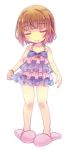  1girl arms_at_sides bangs bare_legs bare_shoulders blush bob_cut bracelet brown_hair child closed_mouth collarbone dress eyebrows_visible_through_hair frisk_(undertale) hair_intakes halterneck heart jewelry layered_dress light_smile panties pigeon-toed pink_shoes see-through shoes short_dress short_hair simple_background sleeveless sleeveless_dress slippers solo spaghetti_strap standing striped striped_panties undertale underwear white_background yugaiga 