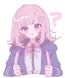  1girl blush breasts brown_hair collared_shirt cropped_torso danganronpa_(series) danganronpa_2:_goodbye_despair dress_shirt flipped_hair galaga hair_ornament highres hood jacket long_sleeves looking_at_viewer medium_hair nanami_chiaki neck_ribbon open_clothes open_jacket pink_eyes pink_ribbon pote_(pote_39) ribbon shirt solo spaceship_hair_ornament white_shirt 