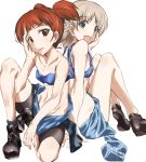  2girls :p aki_(girls_und_panzer) ankle_boots back-to-back bangs bike_shorts black_shorts blue_boots blue_bra blue_shoes blunt_bangs boots bra clothes_around_waist from_behind girls_und_panzer green_eyes grey_legwear hair_tie hand_on_own_face jacket_around_waist light_brown_hair loafers looking_at_viewer mikko_(girls_und_panzer) multiple_girls open_mouth red_eyes redhead shino_(ten-m) shirt_pull shoes short_hair short_twintails shorts simple_background sitting smile socks strapless strapless_bra tongue tongue_out twintails underwear white_background 