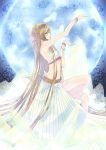  1girl absurdly_long_hair akino_subaru arm_up armpits blue_eyes bra bracelet breasts brown_hair celestial_stones cleavage from_side full_body hair_between_eyes jewelry long_hair long_skirt midriff navel personification skirt small_breasts solo underwear very_long_hair white_bra white_skirt 