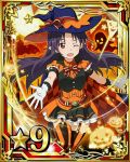  1girl black_dress black_hair blue_hat card_(medium) dress garter_straps gloves halloween halloween_costume hat long_hair looking_at_viewer moon number one_eye_closed one_leg_raised open_mouth outstretched_arm pleated_dress pointy_ears pumpkin red_eyes short_sleeves solo star striped striped_legwear sword_art_online thigh-highs white_gloves witch_hat yuuki_(sao) 
