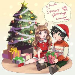  1boy 1girl :d :o absurdres aged_down alternate_costume animal_ears artist_name belt black_hair boots box brown_belt brown_boots brown_eyes brown_hair christmas christmas_ornaments christmas_sweater christmas_tree commentary commission commissioner_name dress english_commentary english_text full_body gift gift_box gradient_background green_eyes green_pants hat highres holding holding_gift iwatani_naofumi long_hair long_sleeves messy_hair on_floor open_mouth pants puffy_short_sleeves puffy_sleeves raccoon_ears raccoon_girl raphtalia red_boots red_dress red_sweater santa_costume santa_dress santa_hat second-party_source short_dress short_hair short_sleeves sitting skeb_commission smile star_(symbol) straight_hair svz_eliza sweater tate_no_yuusha_no_nariagari thank_you two-tone_sweater white_sweater wooden_floor yellow_background 