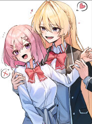  2girls a-rufu amaori_renako blonde_hair braid flying_sweatdrops hair_ornament hand_on_another&#039;s_arm heart highres holding_another&#039;s_wrist long_hair multiple_girls ouzuka_mai pink_hair school_uniform short_hair simple_background spoken_heart spoken_x watashi_ga_koibito_ni_nareru_wake_naijan_murimuri! x_hair_ornament 