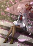  1girl arm_support black_legwear boots breasts cherry_blossoms fate/grand_order fate_(series) food fou_(fate/grand_order) glasses hair_over_one_eye high_heel_boots high_heels highres hood hoodie jushiliu legs_crossed necktie pantyhose red_necktie shielder_(fate/grand_order) sleeping solo violet_eyes 