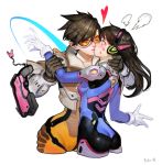  2girls absurdres ass black_hair blush bodysuit breasts cropped_jacket cropped_legs d.va_(overwatch) disarming facepaint facial_mark goggles gun handgun headphones heart highres kiss long_hair multiple_girls orange_bodysuit overwatch pistol short_hair simple_background small_breasts sohn_woohyoung surprise_kiss surprised tracer_(overwatch) weapon whisker_markings white_background wrist_grab yuri 