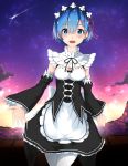  1girl absurdres bangs blue_eyes blue_hair blush breasts detached_sleeves hair_between_eyes highres medium_breasts open_mouth raidensan re:zero_kara_hajimeru_isekai_seikatsu rem_(re:zero) shooting_star short_hair sleeves_past_wrists smile solo 