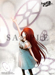  aged_down black_sash blue_dress blue_eyes blunt_bangs bow capri_pants child cropped_jacket dress green_pants huke jacket long_hair lowres official_art pants reaching red_hair ringed_eyes sample_watermark sash science_adventure shiina_kagari short_sleeves steins;gate steins;gate_0 waist_bow waist_sash watermark white_jacket 