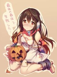  1girl akkijin black_legwear breasts brown_background brown_hair dress eyebrows_visible_through_hair hair_between_eyes headphones holding holding_knife knife kokone_(vocaloid) long_hair looking_at_viewer looking_up loose_socks medium_breasts pumpkin red_eyes simple_background socks solo tears vocaloid 