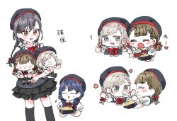  4girls :d ^_^ apron beret black_hair black_hat black_skirt black_socks blue_hair blush bow bowtie braid brown_hair center-flap_bangs ceras_yanagida_lilienfeld chibi chinese_spoon closed_eyes commentary drooling feeding food fried_rice frilled_skirt frills grey_apron grey_hair hachiban_ramen hachiban_ramen_uniform hair_ribbon hat holding holding_spoon kachimachi_kosuzu katsuragi_izumi link!_like!_love_live! love_live! low_twin_braids low_twintails mini_person minigirl miniskirt moso_(expect66) mouth_drool multiple_girls murano_sayaka official_alternate_costume open_mouth orange_eyes red_bow red_bowtie red_ribbon ribbon side_braids skirt smile socks spoon symbol-only_commentary twin_braids twintails virtual_youtuber 