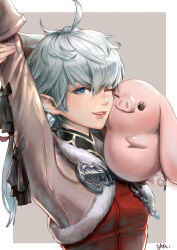  1girl absurdres ahoge alisaie_leveilleur arm_up blue_eyes border brown_jacket cam_(cammero95713700) commentary_request creature cropped_jacket earclip final_fantasy final_fantasy_xiv highres holding_own_arm jacket long_hair long_sleeves looking_at_viewer one_eye_closed parted_lips pointy_ears ponytail porxie_(ff14) sleeve_cuffs smile solo_focus stretching white_border white_hair 