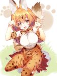  1girl animal_ears belt blonde_hair bow bowtie breasts cat_ears cat_tail elbow_gloves fangs gloves kemono_friends kneeling large_breasts looking_at_viewer nochita_shin open_mouth paw_pose serval_(kemono_friends) serval_ears serval_tail shirt shoes short_hair skirt sleeveless sleeveless_shirt smile solo tail thigh-highs white_shirt white_shoes 