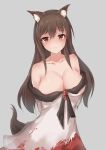  1girl animal_ears blush breasts brooch brown_hair cleavage collarbone dress grey_background imaizumi_kagerou jewelry large_breasts long_sleeves looking_at_viewer nail_polish off_shoulder red_eyes red_nails simple_background solo tail torn_clothes touhou wide_sleeves wolf_ears wolf_tail 