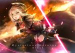  1girl armor battle black_legwear blonde_hair character_name cloak energy_sword fate/grand_order fate_(series) fire glowing glowing_eyes heroine_x heroine_x_(alter) holding holding_sword holding_weapon hood hooded_cloak khanshin lightsaber looking_at_viewer open_mouth saber solo sword thigh-highs weapon yellow_eyes 