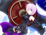  1girl absurdres armor armored_dress bare_shoulders bodysuit breasts elbow_gloves fate/grand_order fate_(series) gloves hair_over_one_eye highres medium_breasts purple_hair shield shielder_(fate/grand_order) short_hair smile solo sword thigh-highs thigh_strap violet_eyes weapon 