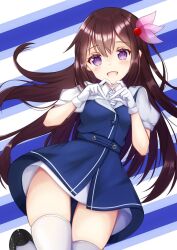  1girl blue_dress brown_hair cosplay cvtm dress gloves grey_sailor_collar hair_ornament kantai_collection kisaragi_(kancolle) long_hair necktie sailor_collar shirt solo thigh-highs ukuru_(kancolle) ukuru_(kancolle)_(cosplay) white_gloves white_thighhighs 