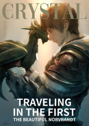  1boy absurdres amaro_(ff14) ardbert_hylfyst armor brown_hair cam_(cammero95713700) closed_eyes closed_mouth commentary_request cover creature english_text fake_magazine_cover final_fantasy final_fantasy_xiv forehead-to-forehead fur-trimmed_armor fur_trim heads_together highres holding holding_creature leather_armor magazine_cover male_focus medal seto_(ff14) short_hair shoulder_armor smile spiked_armor vambraces 