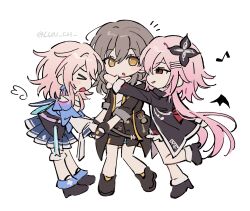  &gt;_&lt; 3girls absurdres angel_and_devil black_flower black_gloves brown_hair chibi chibi_only clunch dual_persona english_commentary evernight_(honkai:_star_rail) flower gloves hair_between_eyes hair_flower hair_ornament hairclip hand_on_another&#039;s_cheek hand_on_another&#039;s_face highres honkai:_star_rail honkai_(series) jacket long_hair long_sleeves low_twintails march_7th_(honkai:_star_rail) medium_hair multiple_girls musical_note no_pupils open_clothes open_jacket open_mouth parallel_hairclips pink_hair red_eyes shirt smile stelle_(honkai:_star_rail) trailblazer_(honkai:_star_rail) twintails twitter_username white_background white_shirt yellow_eyes 