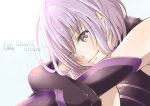  1girl artist_request bare_shoulders copyright_name elbow_gloves fate/grand_order fate_(series) gloves knees_to_chest purple_hair shielder_(fate/grand_order) solo violet_eyes white_background 