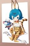  1girl animal_ears bare_shoulders blue_eyes blue_hair blush bow bowtie cat_ears cat_tail cosplay elbow_gloves gloves hair_ornament hat kemono_friends mushi_gyouza open_mouth pokemon pokemon_(game) pokemon_sm popplio serval_(kemono_friends) serval_(kemono_friends)_(cosplay) serval_ears serval_tail short_hair simple_background sleeveless suiren_(pokemon) tail thigh-highs trial_captain white_background 
