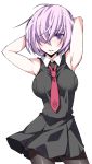  1girl alternate_costume arms_behind_head bare_shoulders black_legwear blush breasts contrapposto fate/grand_order fate_(series) hair_over_one_eye highres medium_breasts messy_hair necktie pantyhose parted_lips purple_hair red_necktie shielder_(fate/grand_order) short_hair solo ukyou violet_eyes weapon white_background 
