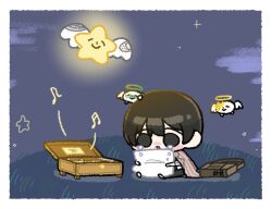  1boy bag bandaged_wings black_hair border chibi chibi_only commentary crow's_eye_view_(e.g.o) crying crying_with_eyes_open d_ecember12th double-parted_bangs grass hair_between_eyes hill holding holding_pillow limbus_company music_box musical_note night pillow project_moon short_hair shoulder_bag sitting solo star_(sky) star_(symbol) symbol-only_commentary tears white_border wings yi_sang_(project_moon) 