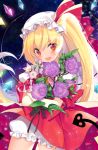  1girl blonde_hair blush bouquet flandre_scarlet flower hat hat_ribbon looking_at_viewer mob_cap open_mouth red_eyes red_ribbon ribbon roh_nam_kyung smile solo touhou wings 