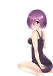  1girl absurdres artist_request blush breasts fate/grand_order fate_(series) highres looking_at_viewer looking_back medium_breasts purple_hair school_swimsuit shielder_(fate/grand_order) short_hair sitting smile solo swimsuit violet_eyes wariza white_background 