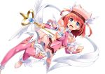  1girl :d armpits backless_outfit bangs blue_eyes blush breasts collarbone covered_navel detached_sleeves hat holding holding_staff long_sleeves looking_at_viewer magical_girl medium_breasts open_mouth original pink_legwear redhead shinozuka_atsuto sideboob skin_tight smile solo staff thigh-highs two_side_up 