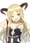  1girl ;d arm_behind_back bare_shoulders black_leotard blonde_hair blush collarbone demon_girl demon_horns detached_sleeve eyebrows_visible_through_hair fang flat_chest frilled_sleeves frills hand_up heijialan horns leotard long_hair looking_at_viewer one_eye_closed open_mouth original pointy_ears simple_background single_sleeve smile solo strapless strapless_leotard upper_body v wavy_hair white_background yellow_eyes 
