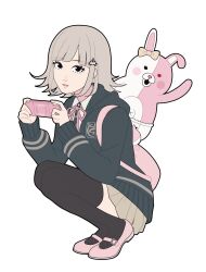  1girl animal_bag black_jacket bow breasts brown_hair brown_skirt cat_bag collared_shirt danganronpa_(series) danganronpa_2:_goodbye_despair diaper ear_bow flipped_hair galaga hair_ornament handheld_game_console highres hood jacket kuro-04 long_sleeves medium_hair monomi_(danganronpa) nanami_chiaki neck_ribbon open_clothes open_jacket pink_eyes pink_shoes pleated_skirt ribbon shirt shoes simple_background skirt solo spaceship_hair_ornament squatting teeth white_background white_shirt 