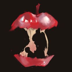  1girl apple apple_core apple_tree appletrend bad_apple!! black_background bow duckosussy food fruit hair_bow hakurei_reimu highres holding holding_food holding_fruit painterly simple_background solo superimposition touhou tree upper_body 