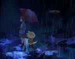  1boy androgynous bangs black_boots black_hair black_shorts boots closed_eyes closed_mouth copyright_name dark frisk_(undertale) holding holding_umbrella kyouichi legs_apart long_sleeves looking_away looking_up monster_kid_(undertale) profile puddle rain shared_umbrella shirt short_hair shorts smile standing striped striped_shirt umbrella undertale 