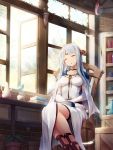  1girl akkijin bird breasts cape choker closed_eyes coffee collarbone dress elbow_gloves eyebrows gloves head_tilt highres indoors long_hair medium_breasts original parted_lips see-through silver_hair sitting sleeping solo steam white_dress white_feathers white_gloves window 