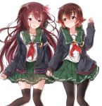  2girls absurdres black_jacket black_legwear blush brown_eyes brown_hair crescent crescent_moon_pin green_skirt highres jacket kantai_collection kisaragi_(kantai_collection) long_hair long_sleeves multiple_girls mutsuki_(kantai_collection) neckerchief open_mouth pantyhose pentagon_(railgun_ky1206) pleated_skirt red_neckerchief remodel_(kantai_collection) sailor_collar school_uniform serafuku short_hair skirt smile thigh-highs 