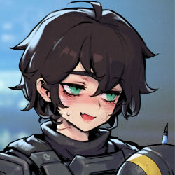  1girl black_hair blurry blurry_background blush commentary green_eyes hair_between_eyes helldiver_(helldivers) helldivers_(series) helmet highres no_headwear open_mouth phantom_ix_row short_hair smile solo sweat tomboy upper_body 