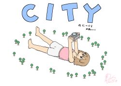  1girl absurdres arawi_keiichi_(style) ayumu_niikura barefoot blonde_hair broccoli camera camisole city_(arawi_keiichi) closed_mouth copyright_name digital_camera feet green_eyes highres holding holding_camera lying mametsubu midriff_peek parody pink_camisole short_hair shorts signature simple_background smile solo style_parody white_background white_shorts 